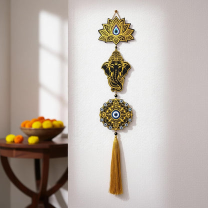 eCraftIndia Gold Foil Embossed Wooden Evil Eye Lotus Ganesha Wall Hanging for Home Office