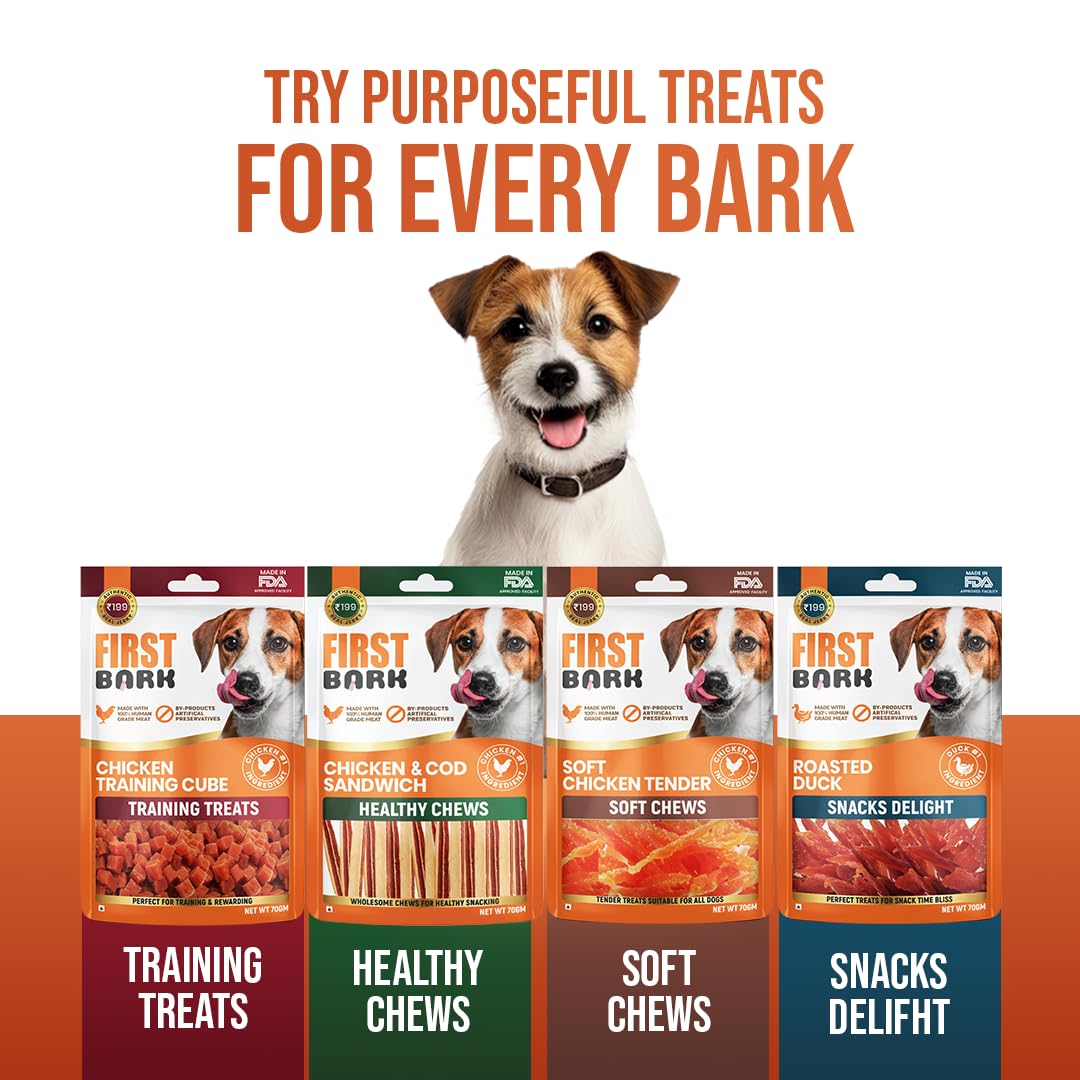 First Bark Dog Treats for Adult Dog & Puppy – Healthy Chews Chicken & Cod Fish Jerky for Dogs, Small Dogs & Shih Tzu | Dog Snacks & Puppy Treats – Chicken & Cod Sandwich (200g) x1