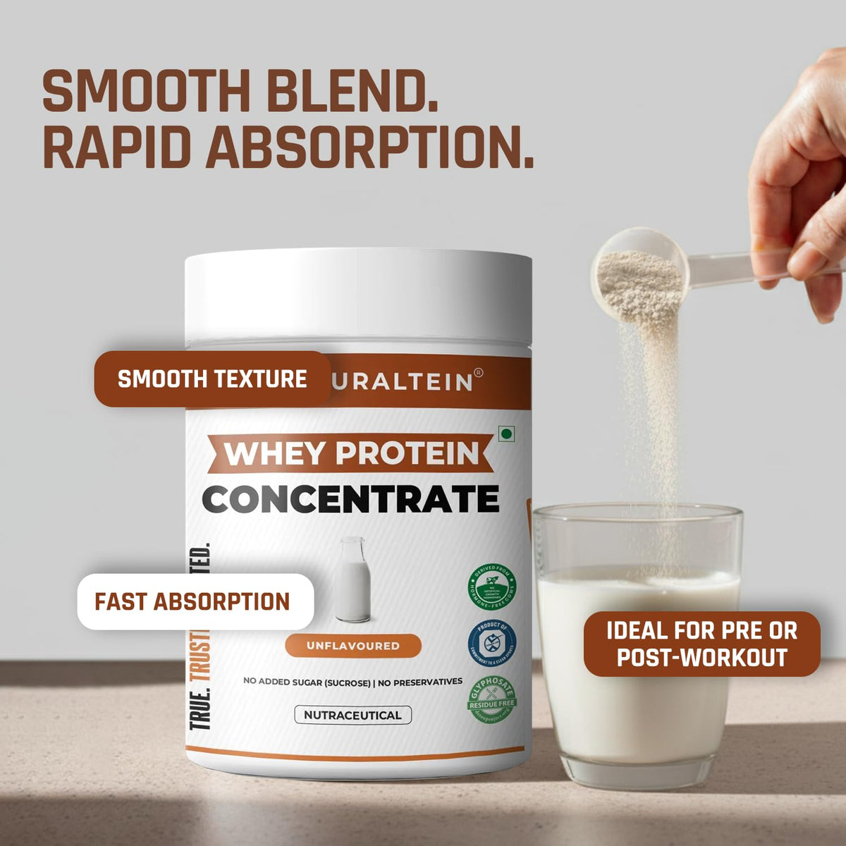Uraltein whey protein concentrate container with a glass of protein powder and text about smooth blend and rapid absorption.