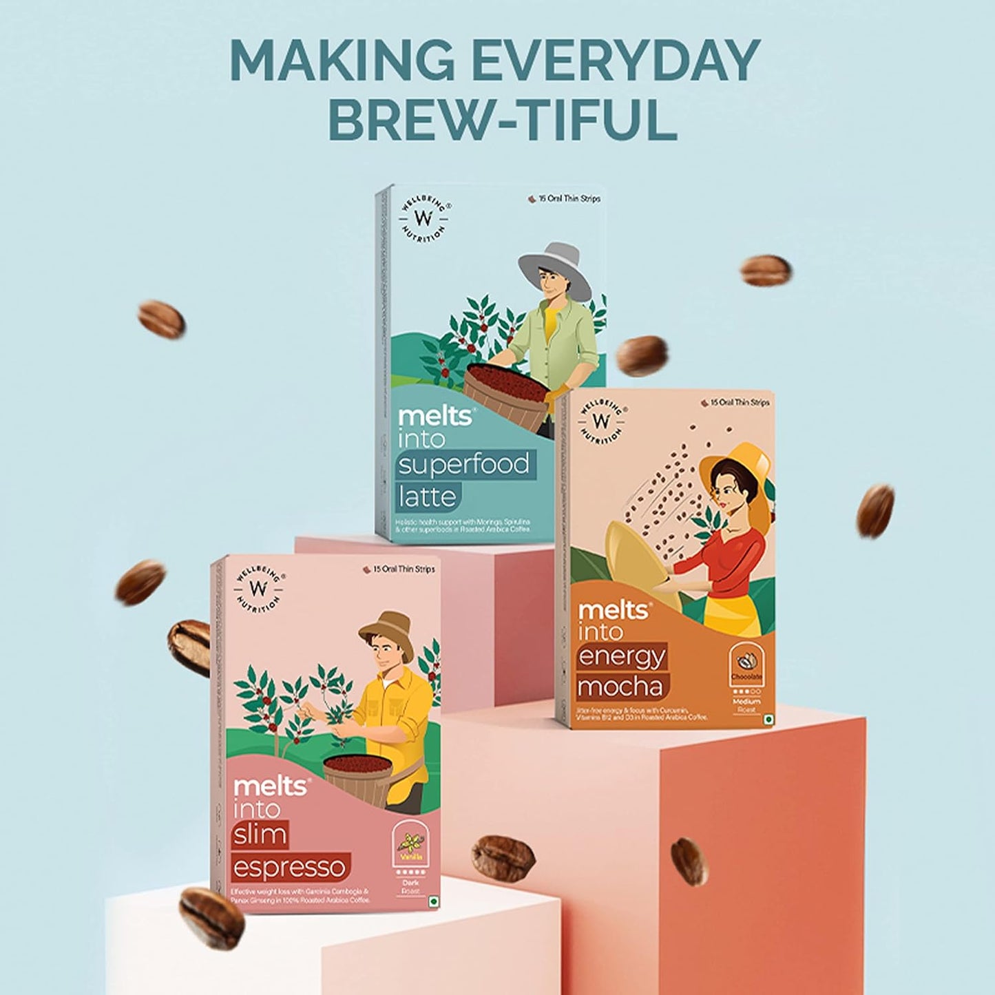 Wellbeing Nutrition Melts Superfood Latte | Arabica Coffee, Spirulina, Ashwagandha & Moringa for Holistic Health, Immune Support & Stress Relief | Caramel Latte Flavor (15 Oral Strips)