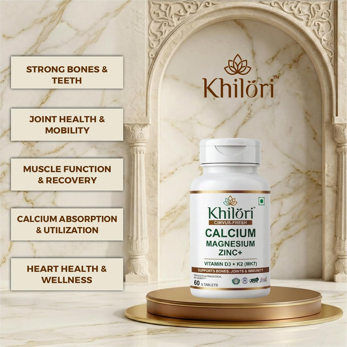 Khilöri Calcium Supplement for Men and Women with Magnesium, Zinc, Vitamin D3, K2 MK7 & B12 Tablets | Plant Based Calcium Citrate Malate for Strong Bones, Joint Mobility & Muscle Recovery | 60 N (60 Tablets)