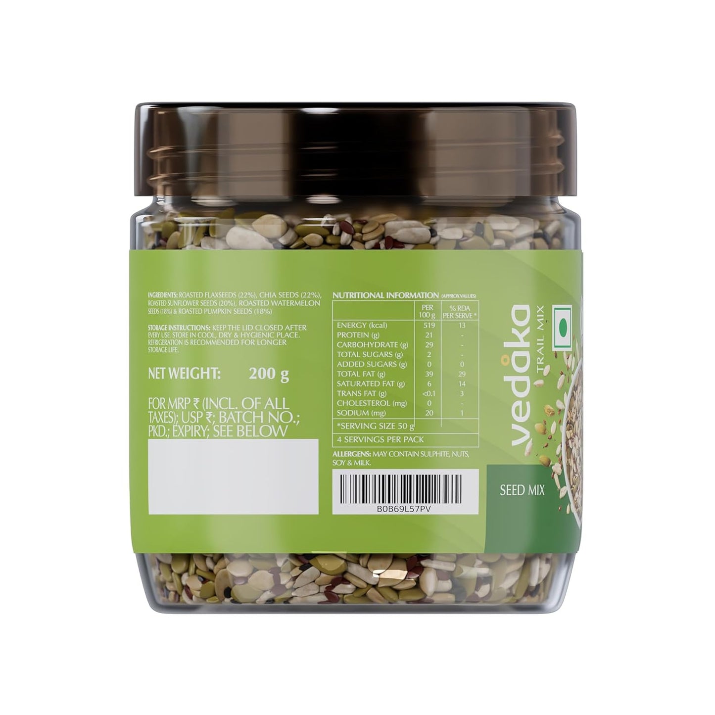 Vedaka Seed Mix | 200 g | Sunflower, Watermelon, Pumpkin, Chia and Flax Seeds | Healthy Snacking