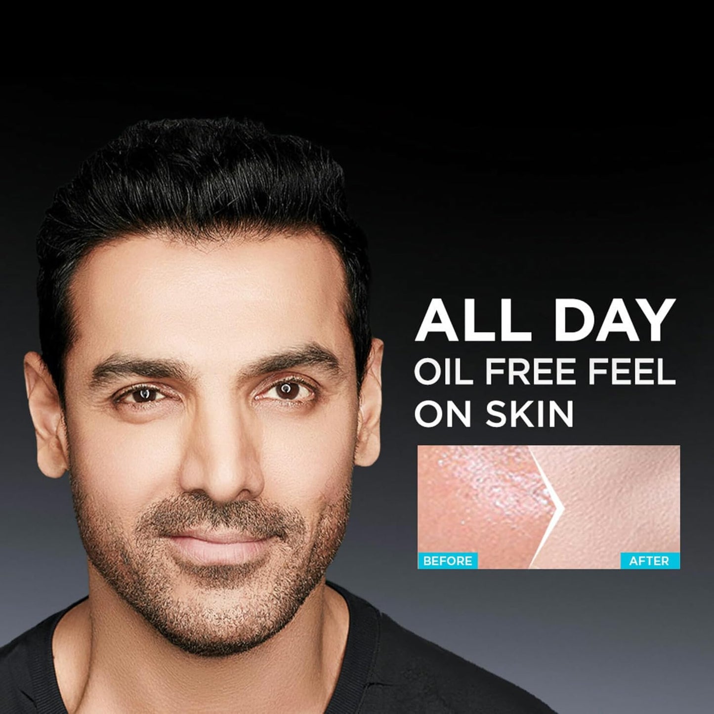 Man with a clean-shaven face on a black background with text about oil-free skin feel.
