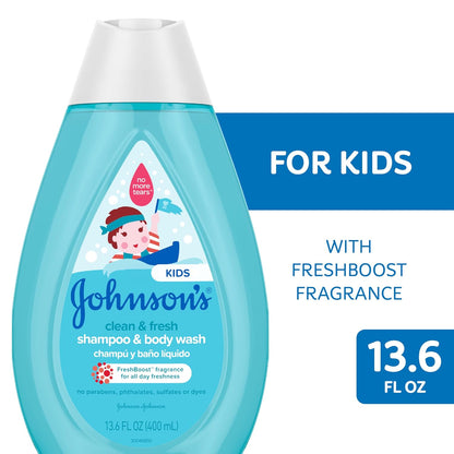 Johnsons Clean & Fresh Tear-Free Childrens Shampoo & Body Wash, Paraben-, Sulfate- & Dye-Free Formula is Hypoallergenic & Gentle on Toddlers Sensitive Skin, FreshBoost Fragrance, 13.6 fl. oz