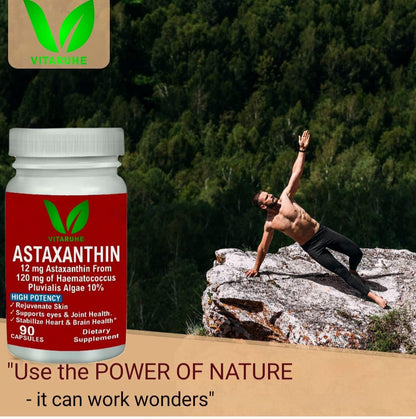 VITARUHE® Astaxanthin Supplement High Dose & Vegan, 12 mg Natural Astaxanthin Powder from Blood Rain Algae, 90 Capsules for 3 Months, No Additives