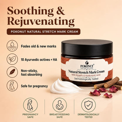 Pokonut Stretch Marks Cream for Women & Men | For Pregnancy, After Delivery & Weight Loss | Fades Old & New Marks on Belly, Thighs & Hips | Hyaluronic Acid + Rosehip Oil | Non-Sticky | 50g