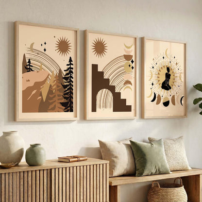Boho Art Home Decoration Painting Paintings With Frame For Living Room Bed Room Hotel Wall Decor Digital Reprint Set of 3 (13X17 inch)