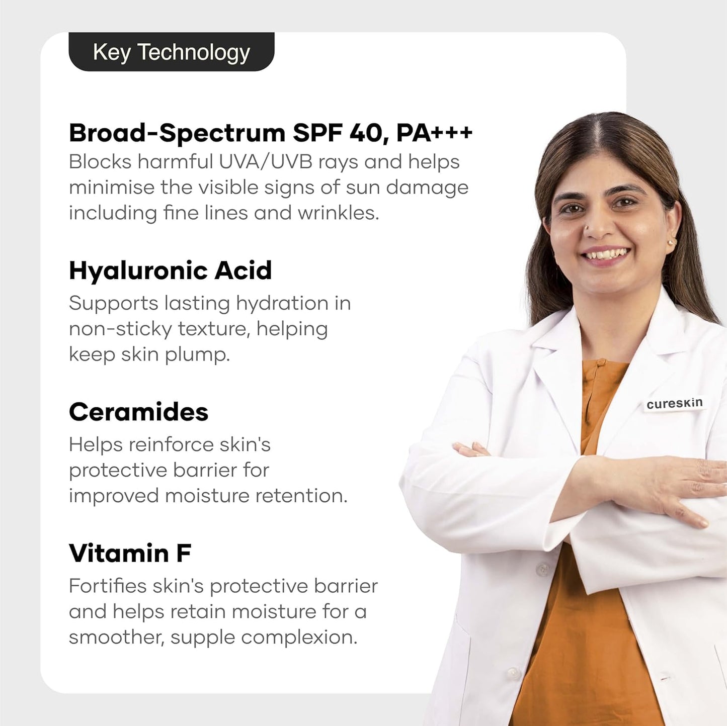 Cureskin SPF 40 Ceramide Sunscreen with Hyaluronic Acid & Ceramides | 2-in-1 Sunscreen Moisturizer, Broad Spectrum, SPF 40 & PA+++, 50 g (Pack of 1)