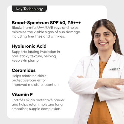 Cureskin SPF 40 Ceramide Sunscreen with Hyaluronic Acid & Ceramides | 2-in-1 Sunscreen Moisturizer, Broad Spectrum, SPF 40 & PA+++, 50 g (Pack of 1)