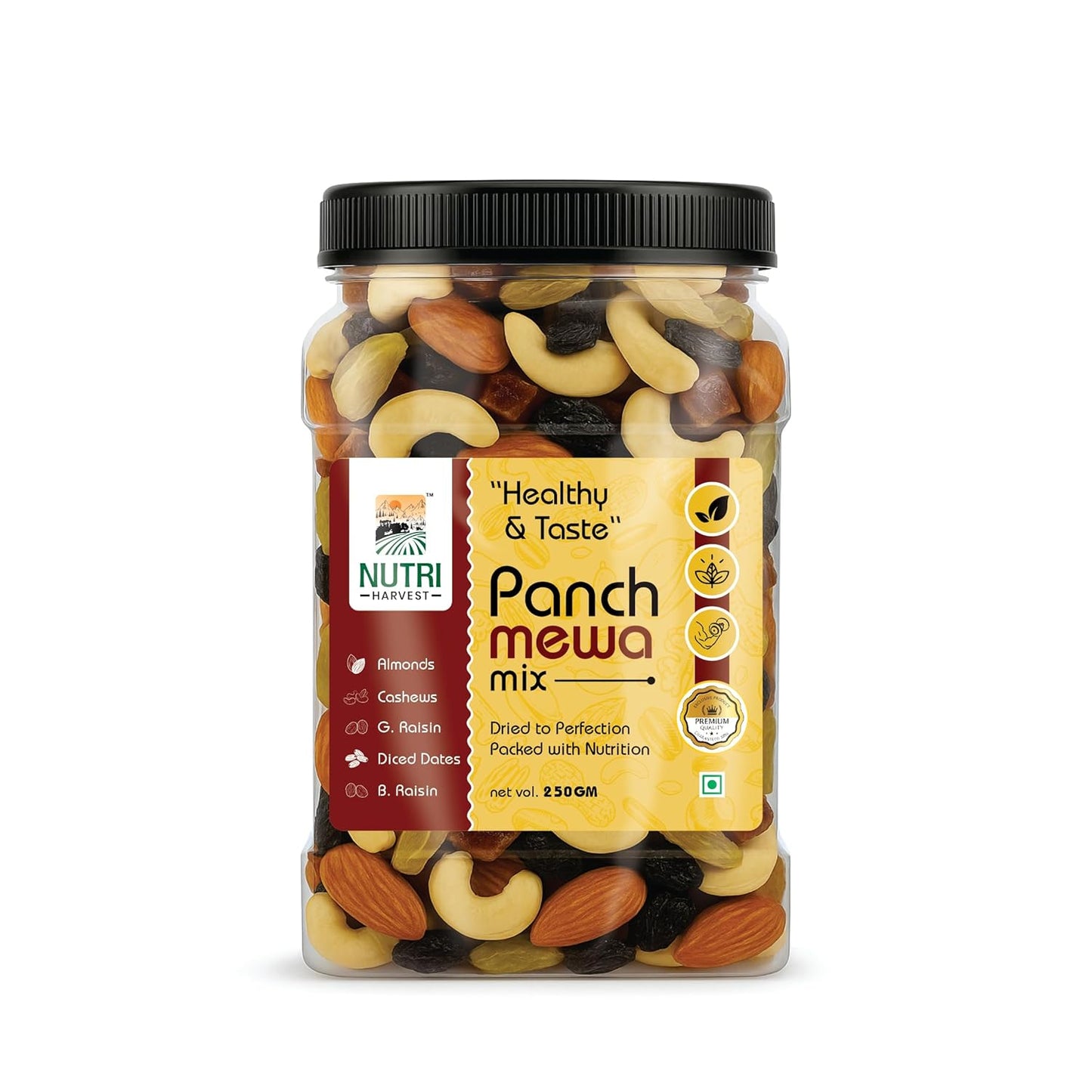 NUTRI HARVEST Premium Dry Fruits Mix pack (Panch Mewa Mix), Natural Blend of Almonds, Cashews,Black and green Raisins and diced Dates| Fit for Fasting 250 gram| (Re-sealable pack for freshness)