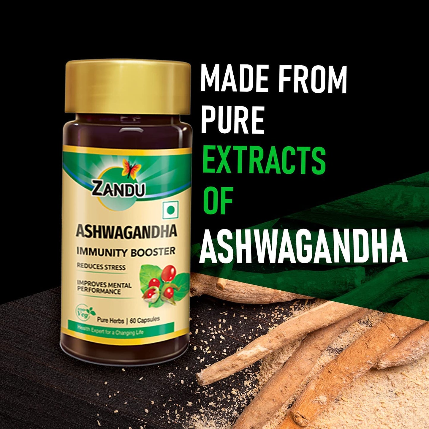 Zandu Ashwagandha 60 Veg Caps | 100% Pure Ashwagandha Root Extract | Scientifically Proven for Stress Relief With 5X Withanolide*| Boosts Immunity & Stamina | Rejuvenates Mind & Body| No Preservatives