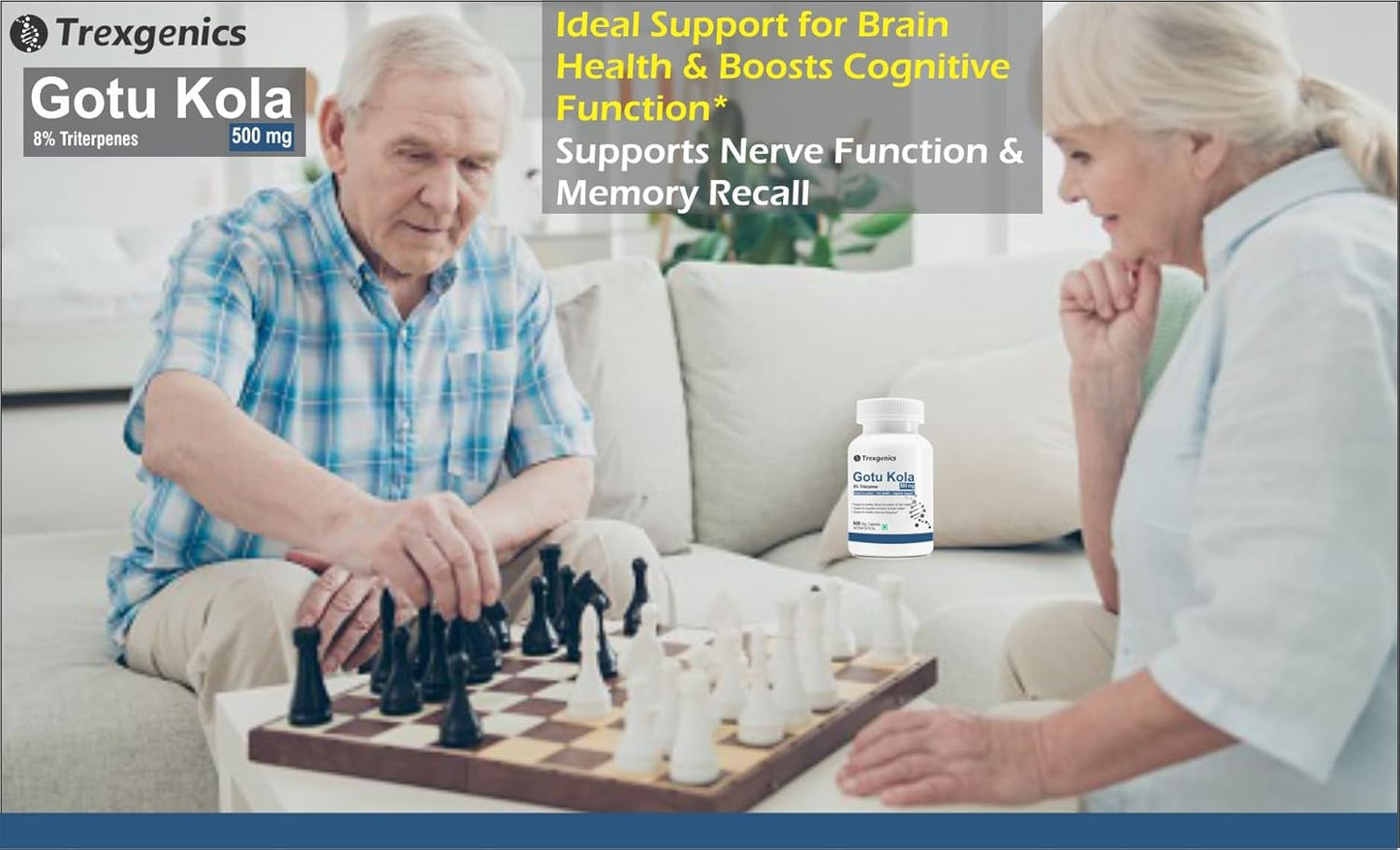 Two elderly people playing chess with a bottle of Trexegenics Gotu Kola in the foreground.