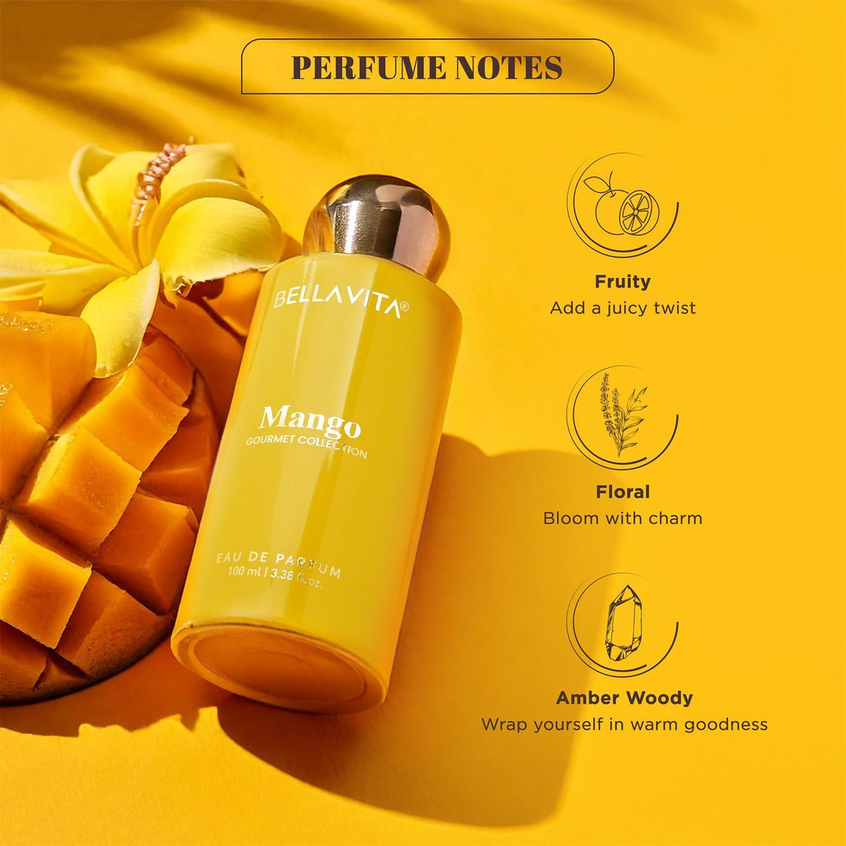 Yellow Bellavita Mango perfume bottle with fruit and flower elements on a yellow background