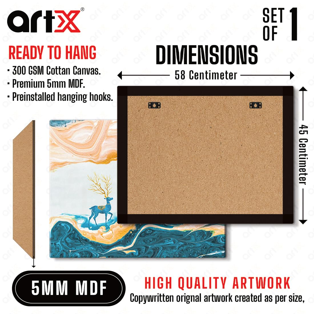 Canvas Deer Painting, Big Size Scenery, Abstract Painting, Painting for Living Room Bedroom, Multicolor, Nature, 58.0 X 45.0 cm, Set of 1