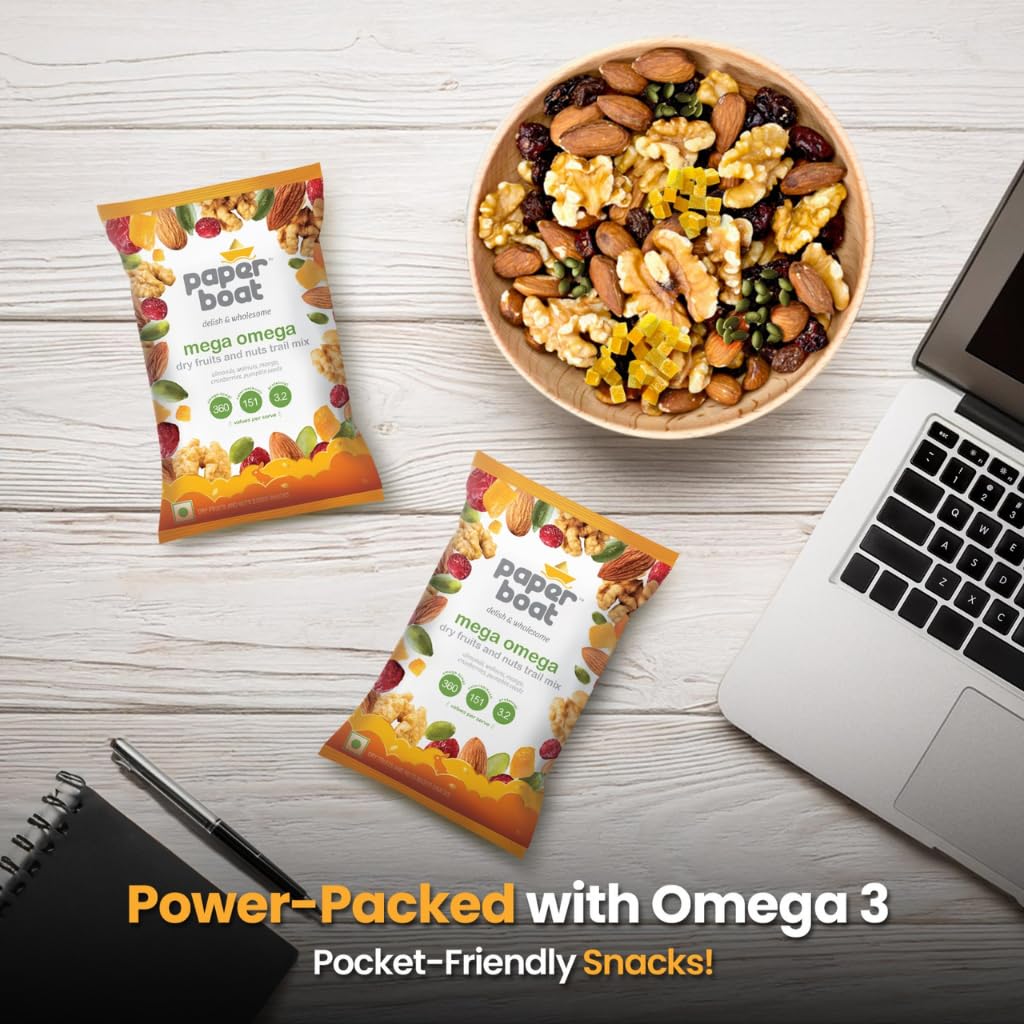Paper Boat Mega Omega Dry Fruits Mix, Premium Trail Mix with Omega 3 | Healthy Mixed Nuts with Almonds | Walnuts | Cranberry | Pumpkin Seeds (Pack of 10, 30g each)