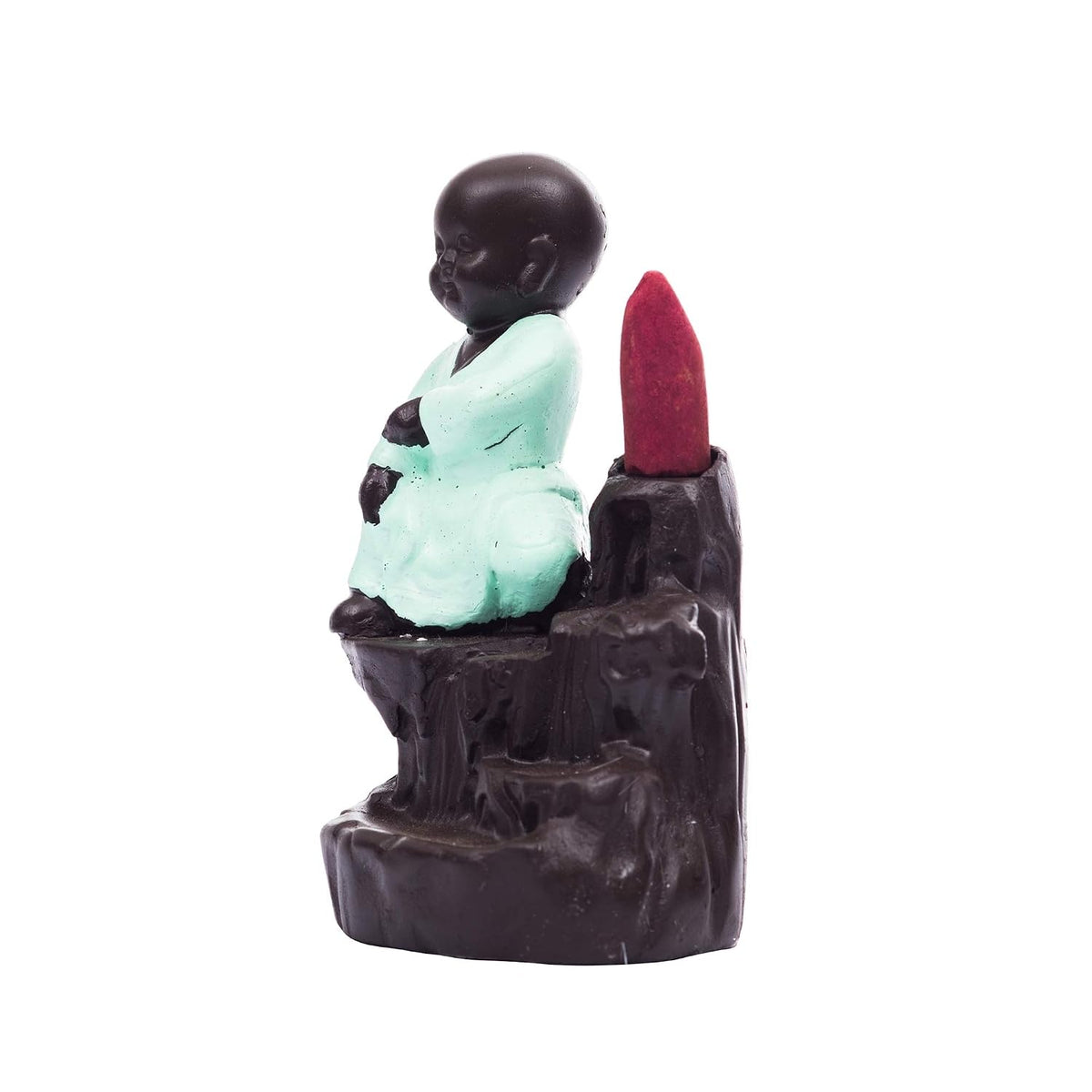 eCraftIndia Polyresin Karate Style Monk Buddha Smoke Backflow Cone Incense Holder (7.01 cm x 7.01 cm x 11.98 cm, Green)