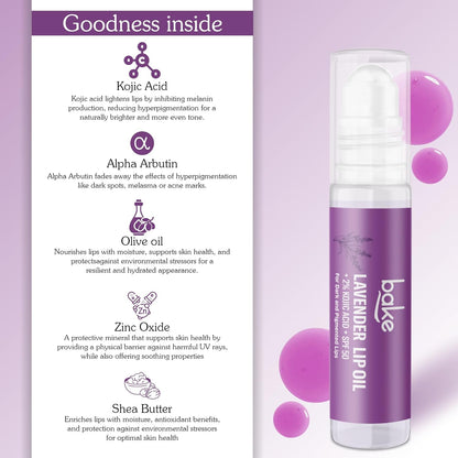 BAKE 2% Kojic Acid Lavender Brightening Lip Balm Oil for Dark & Pigmented Lips with SPF 50 PA++++ with Alpha Arbutin - 15g