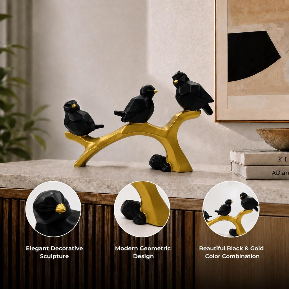 Charming Birds Sculpture Showpiece for Home & Office Décor | Modern Nature-Inspired Figurine for Living Room, Study Table, Shelf & Console Styling - Black and Gold
