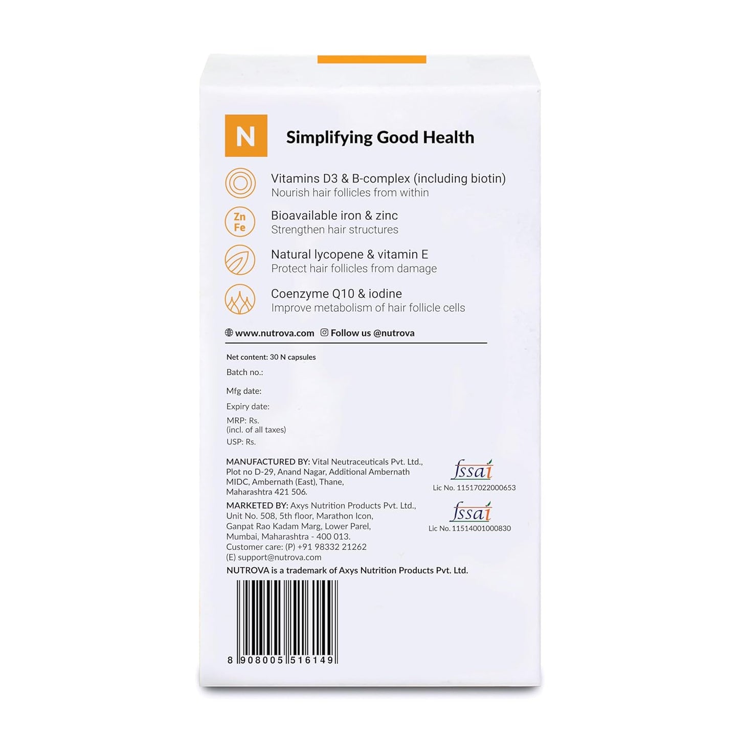NUTROVA Kerastrength For Men & Women (30 Capsules) With Biotin - Prevents Hair-Fall,Strengthens & Grows Hair With Vitamins A,C,D3,B-Complex,Lycopene Inhibits Hair-Fall Hormone Dht,1 Count