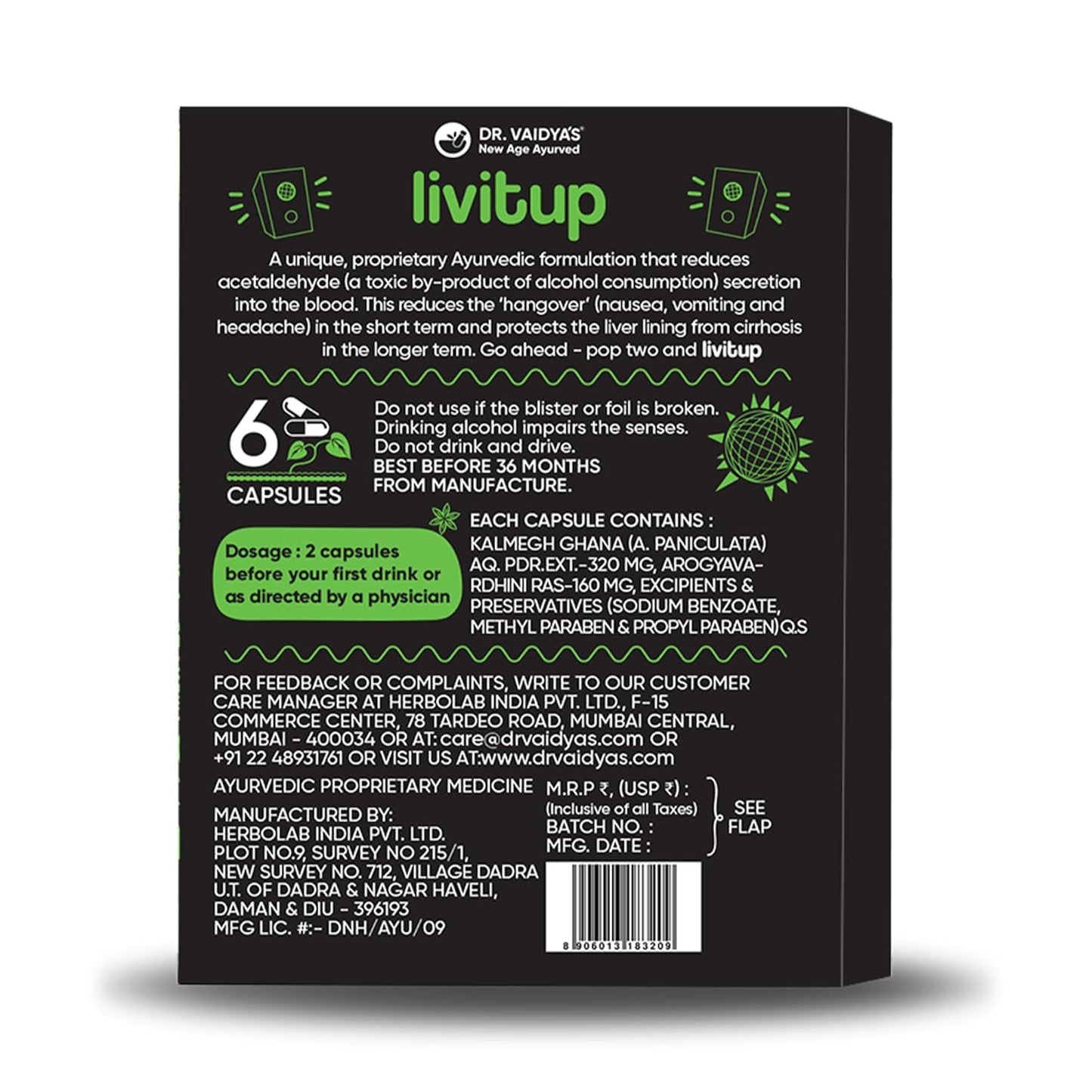 Click to see full view Dr. Vaidya's Livitup | Hangover Shield & Liver Protector | Helps Prevent Acidity, Nausea & Headache | Kalmegh Ghan & Arogyavardhini Rasa | (6 Capsules)