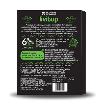 Click to see full view Dr. Vaidya's Livitup | Hangover Shield & Liver Protector | Helps Prevent Acidity, Nausea & Headache | Kalmegh Ghan & Arogyavardhini Rasa | (6 Capsules)