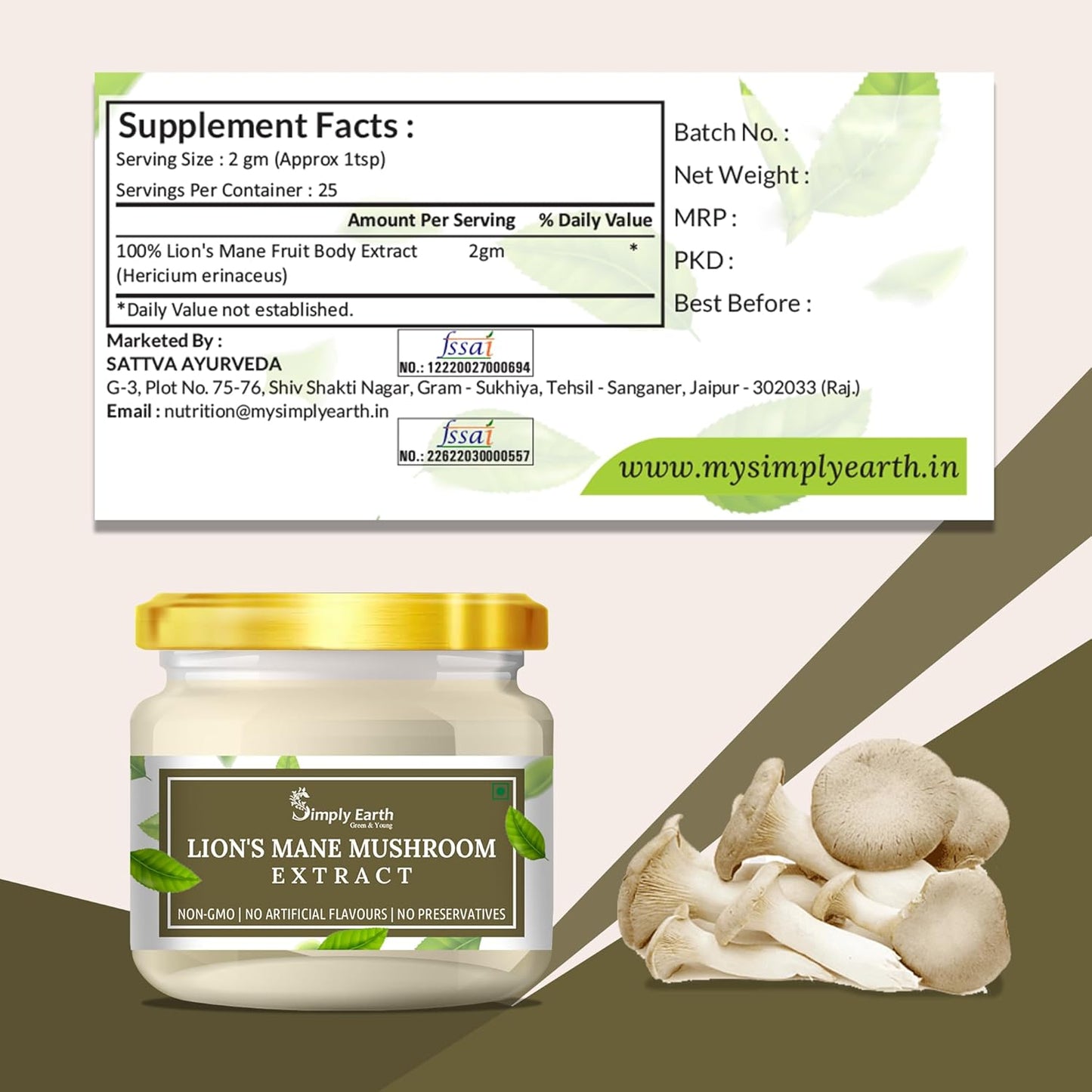 Simply Earth Lion's Mane Mushroom Extract Powder 10:1, (20% Polysaccharides) Improves Memory, Focus and Clarity | 50gm…