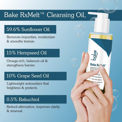 BAKE RxMelt™ Cleansing Oil for Removing Waterproof Makeup & SPF | With 15% Hempseed, 10% Grape Seed Oil, 0.5% Bakuchiol | Removes Impurities & Pore Buildup | Fragrance-Free | For Men & Women – 100ml