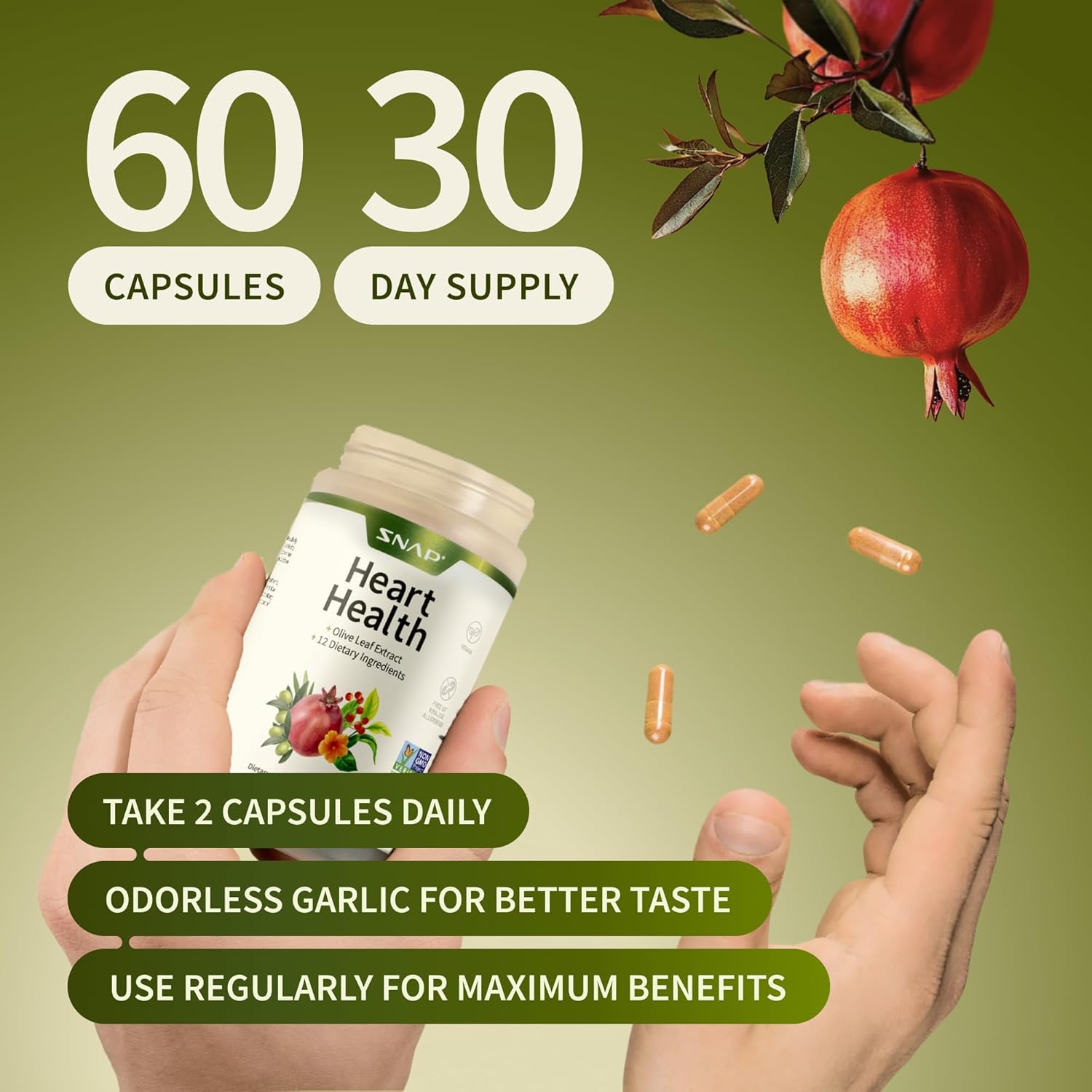 Supplement bottle labeled 'Heart Health' with capsules and pomegranate on a green background