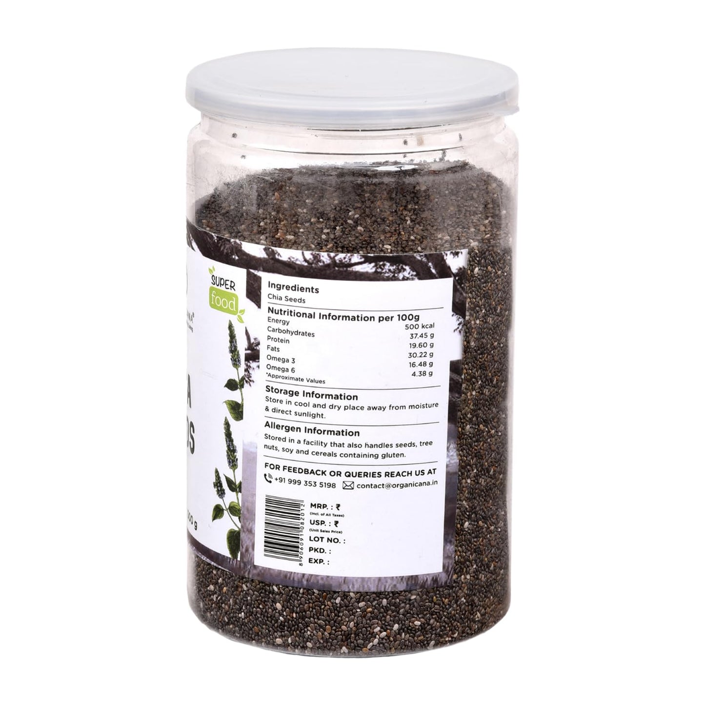 Organicana Chia Seeds - 500g (Pack of 1) 100% Natural & Unpolished Superfood | Rich in Omega-3, Fiber & Protein | Supports Weight Loss, Digestion & Energy