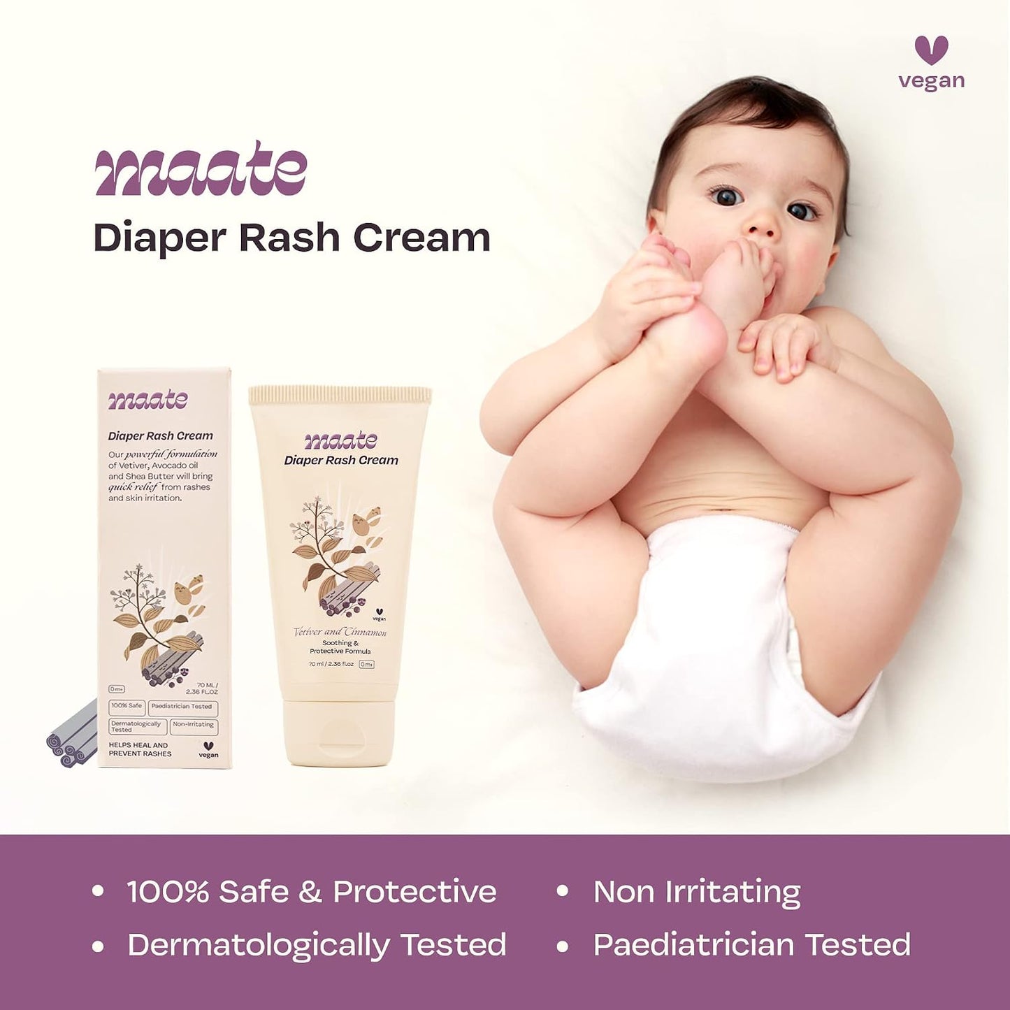 Maate Diaper Rash Cream for Baby 70ml | Enriched with Vetiver, Cinnamon, and Rosemary Oils | Treats & Heals Diaper Rashes & Infection | Diaper Cream for Baby | Pediatrician & Dermatologically Tested