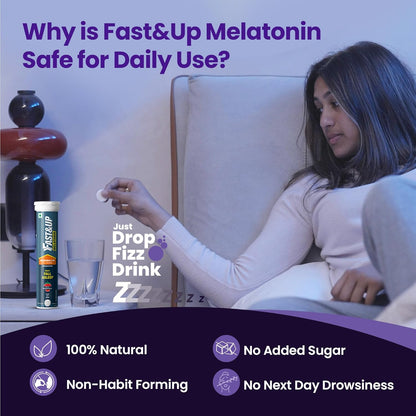 Woman sitting on a couch with Fast&Up Melatonin packaging and text about its safety for daily use.