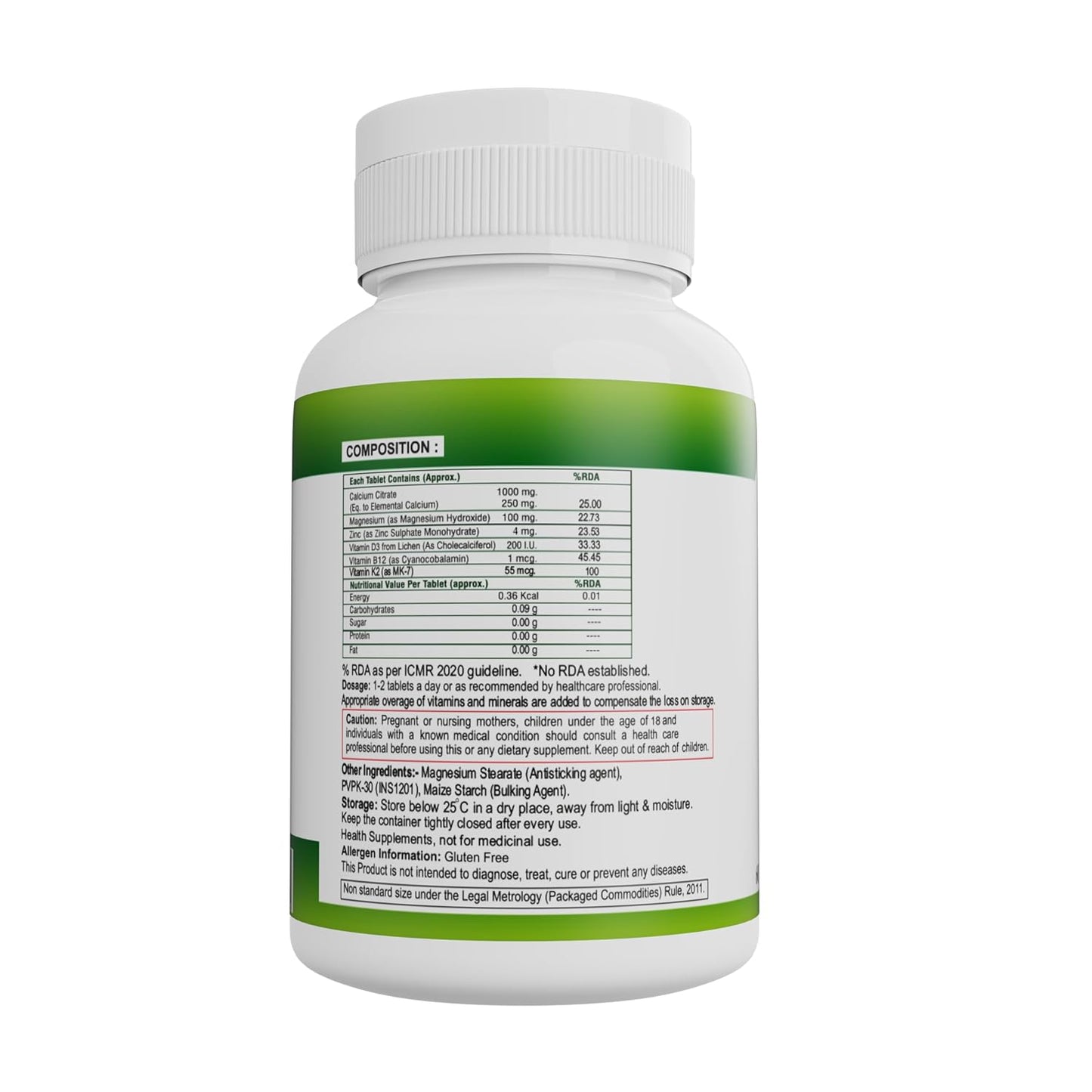 Nveda Calcium Supplement 1,000 mg with Vitamin D3, Magnesium, Zinc & Vitamin B 12 For Men & Women/For Immunity, Bone & Joint Support - 60 Tablets