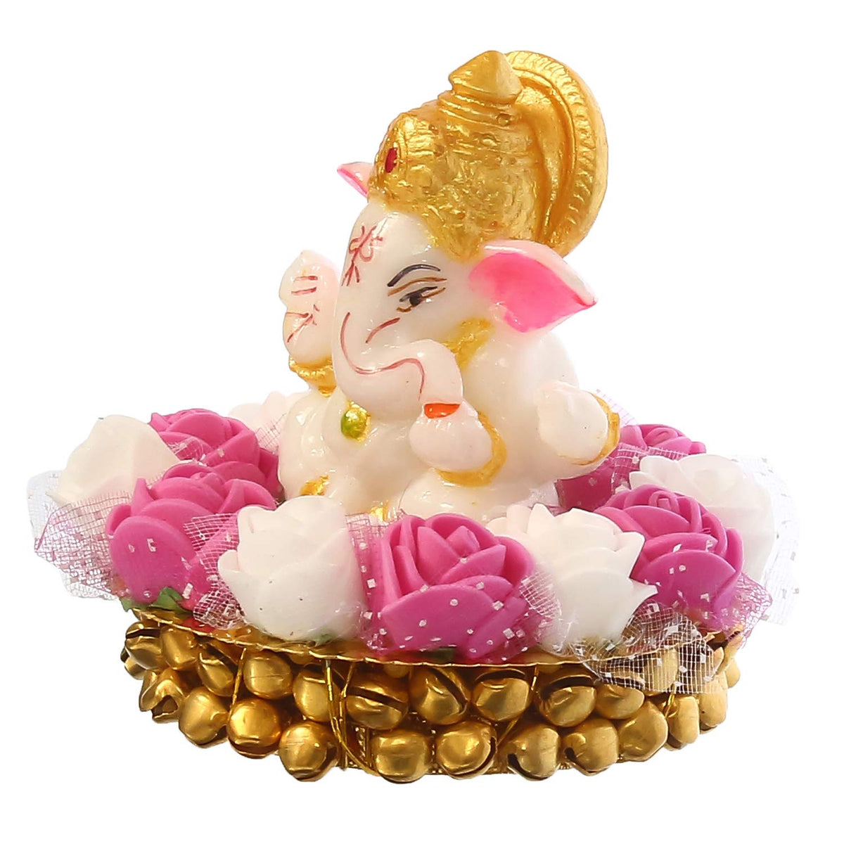 Lord Ganesha Idol on Decorative Handcrafted Plate with Pink and White Flowers