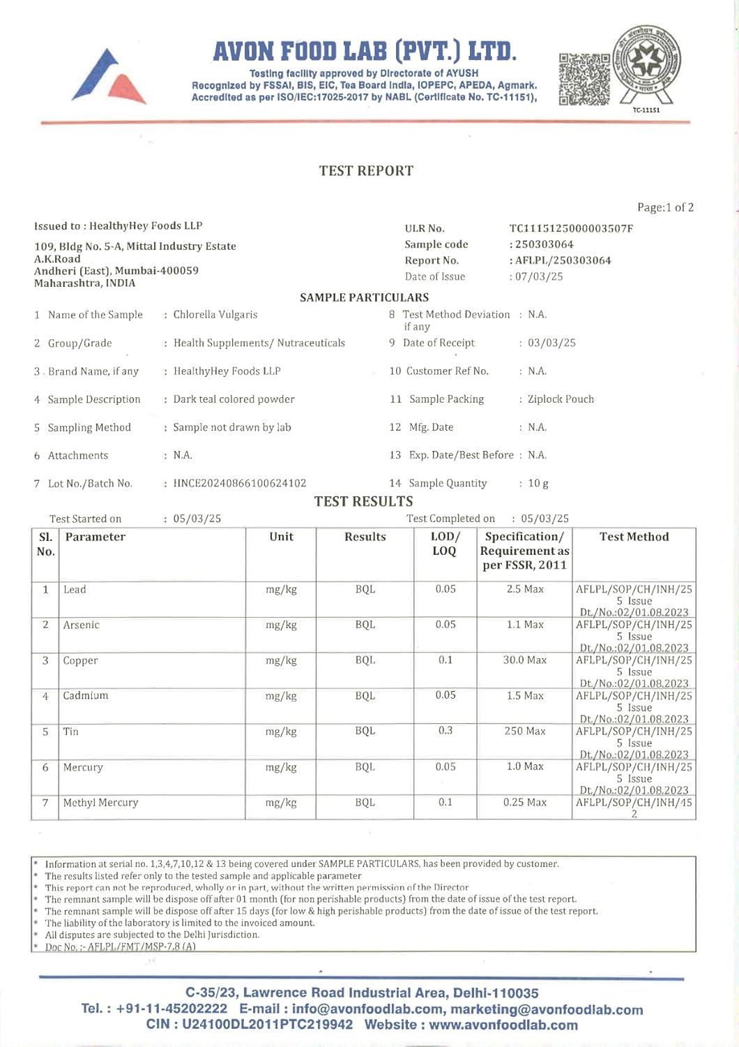 Avon Food Lab test report with various parameters and results.