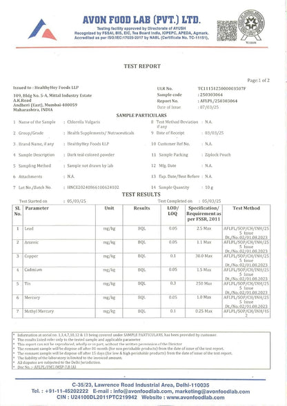 Avon Food Lab test report with various parameters and results.