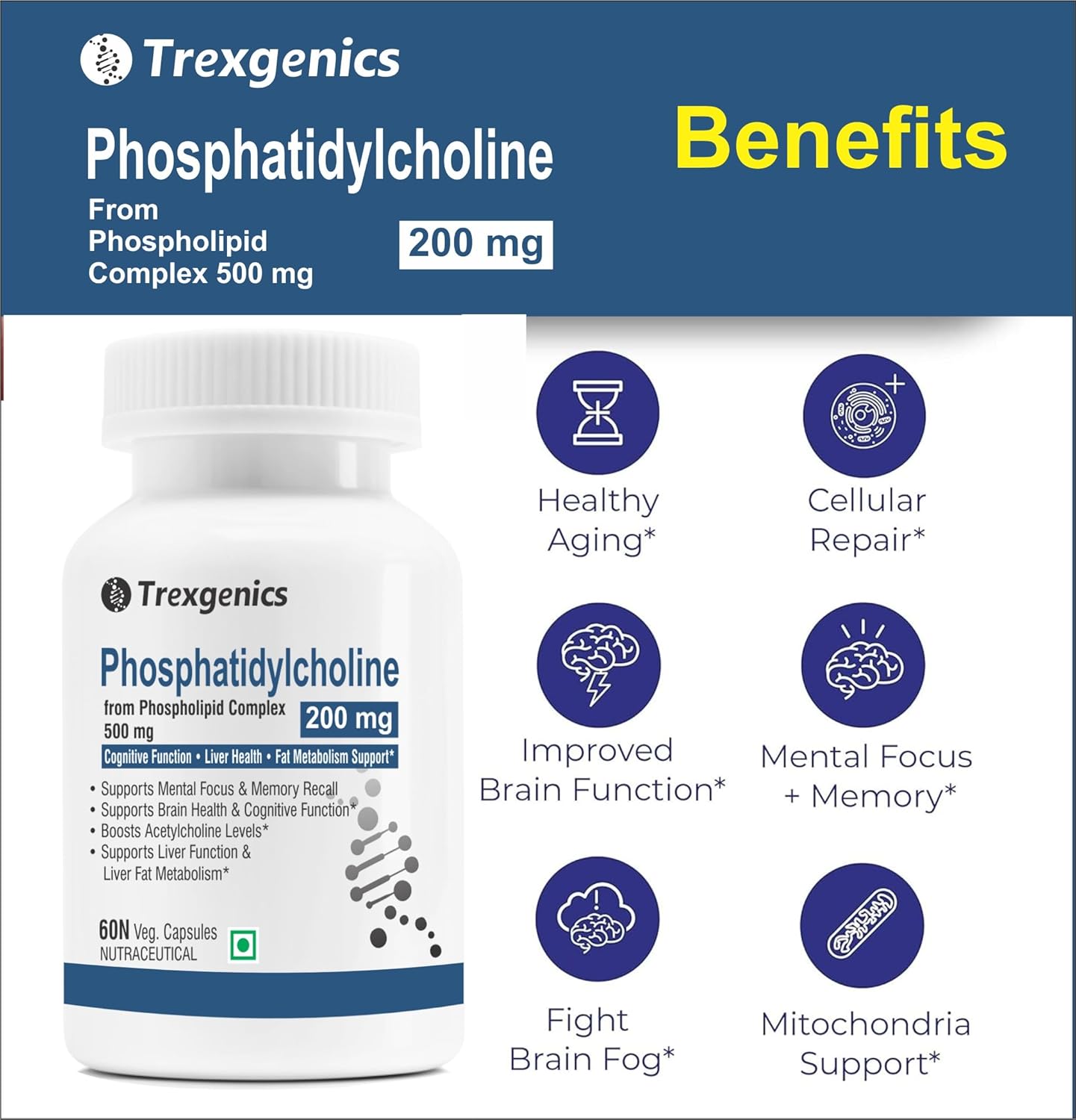 Trexgenics PHOSPHATIDYLCHOLINE 200 mg from Phospholipid Complex 500 mg, Cognitive Function, Liver and Brain Health, Fat Metabolism Support (60 Veg Capsules) (Pack of 1)
