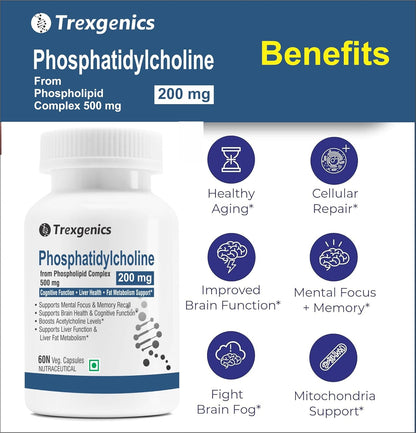 Trexgenics PHOSPHATIDYLCHOLINE 200 mg from Phospholipid Complex 500 mg, Cognitive Function, Liver and Brain Health, Fat Metabolism Support (60 Veg Capsules) (Pack of 1)