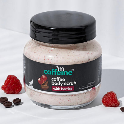 Jar of coffee body scrub with berries on a white background