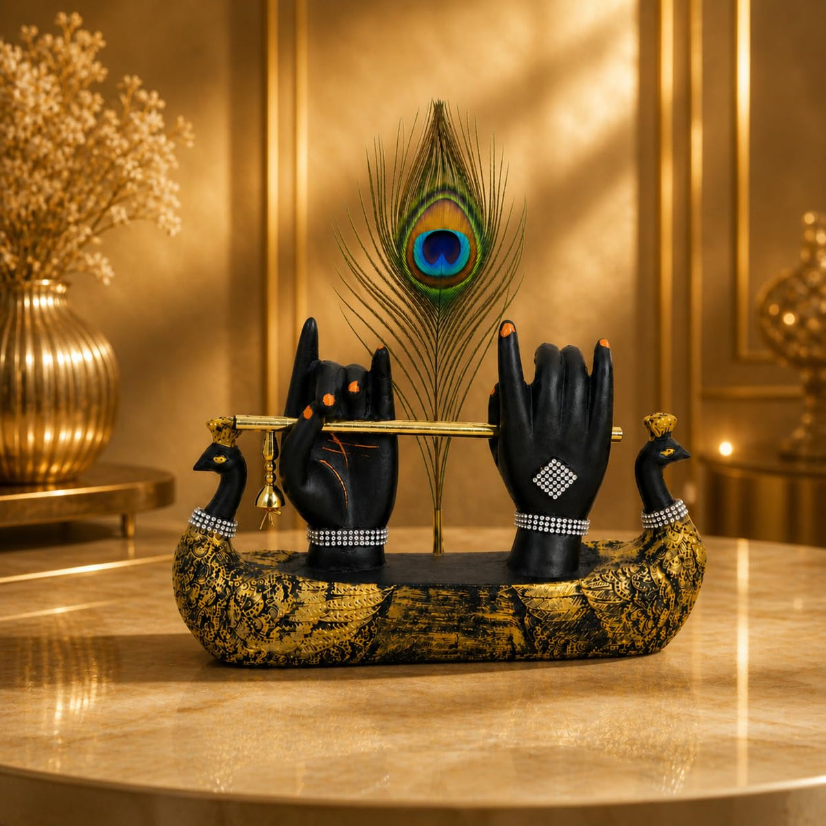 Krishna Hand Showpiece with Flute Peacock Feather,Housewarming Gifts for New Home,Wedding for Couple Home Office Decor Decoration Items for Living Room,Griha Pravesh Gift