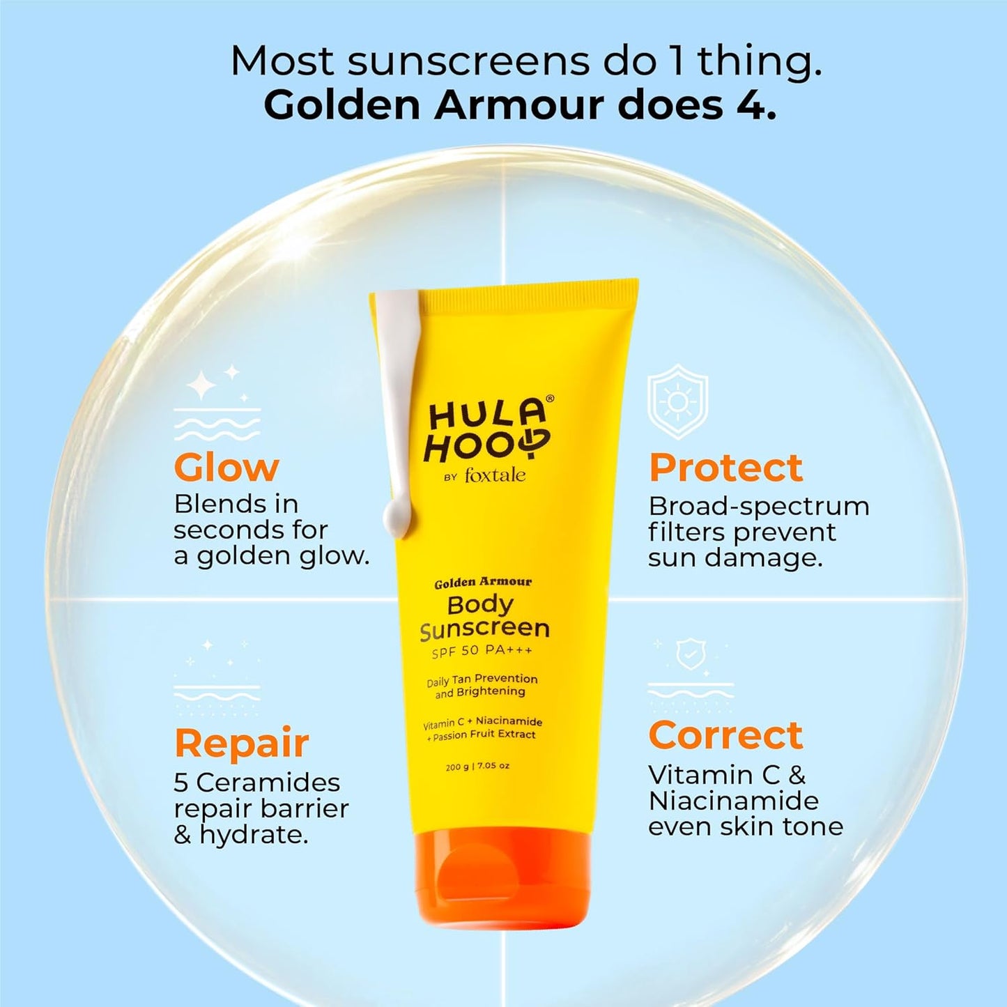FoxTale Hula Hoop Body Sunscreen SPF 50 PA+++ by Foxtale | Vitamin C + Niacinamide + Passion Fruit Extract | Daily Tan Prevention & Brightening | 200g