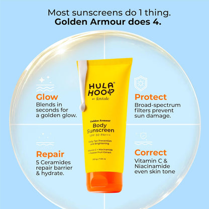 FoxTale Hula Hoop Body Sunscreen SPF 50 PA+++ by Foxtale | Vitamin C + Niacinamide + Passion Fruit Extract | Daily Tan Prevention & Brightening | 200g