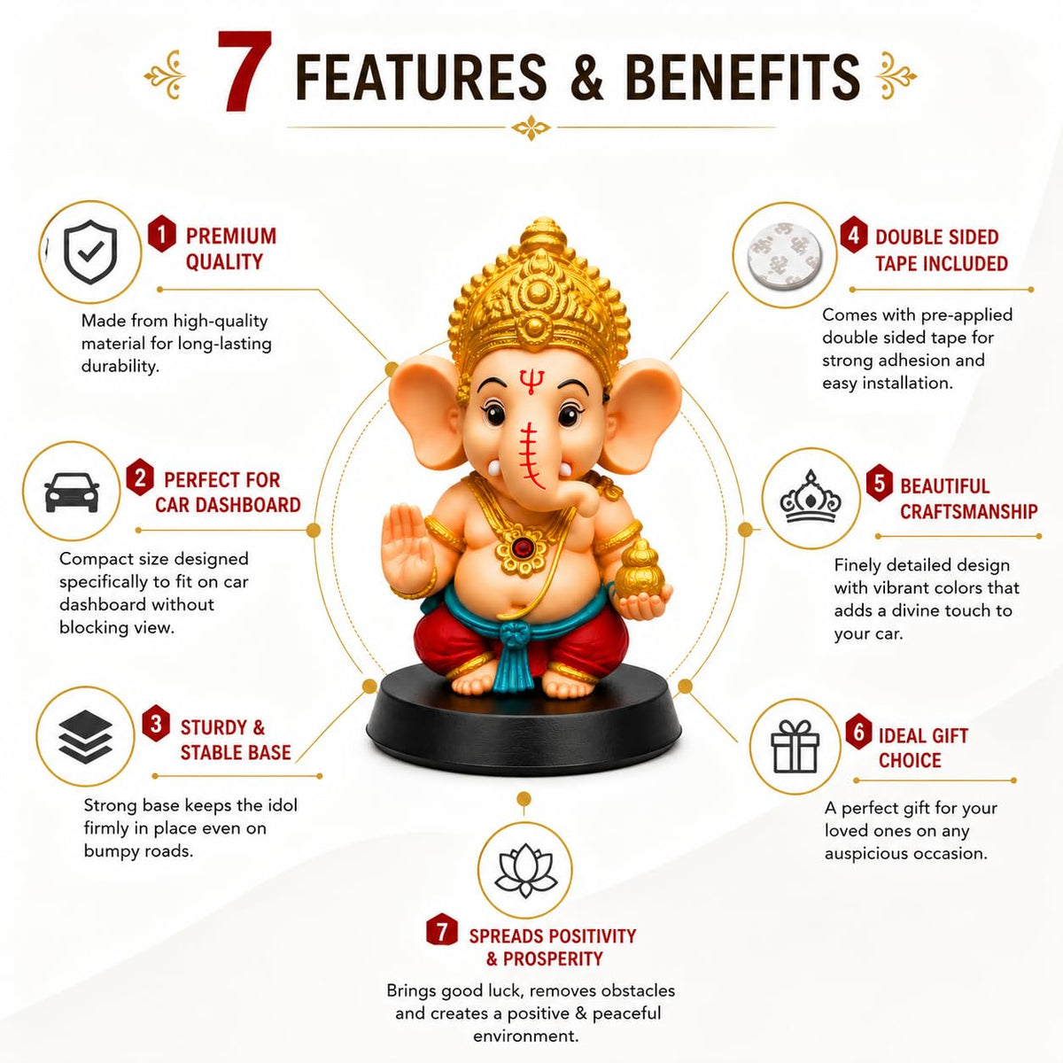 NIKUARA Lord Ganesha God Idol for Car Dashboard, 10cm Height, Red-Orange