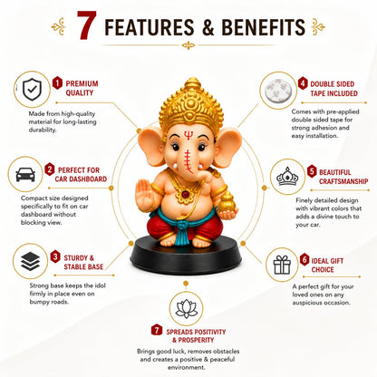 NIKUARA Lord Ganesha God Idol for Car Dashboard, 10cm Height, Red-Orange