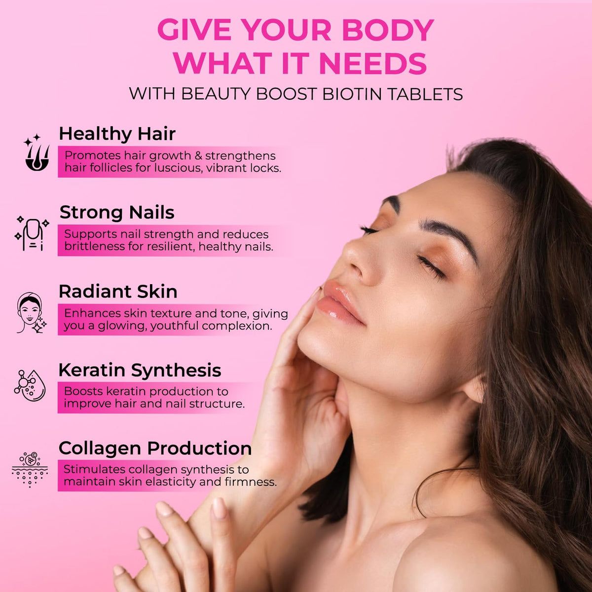 Advertisement for Beauty Boost Biotin Tablets with a woman's face and product benefits on a pink background