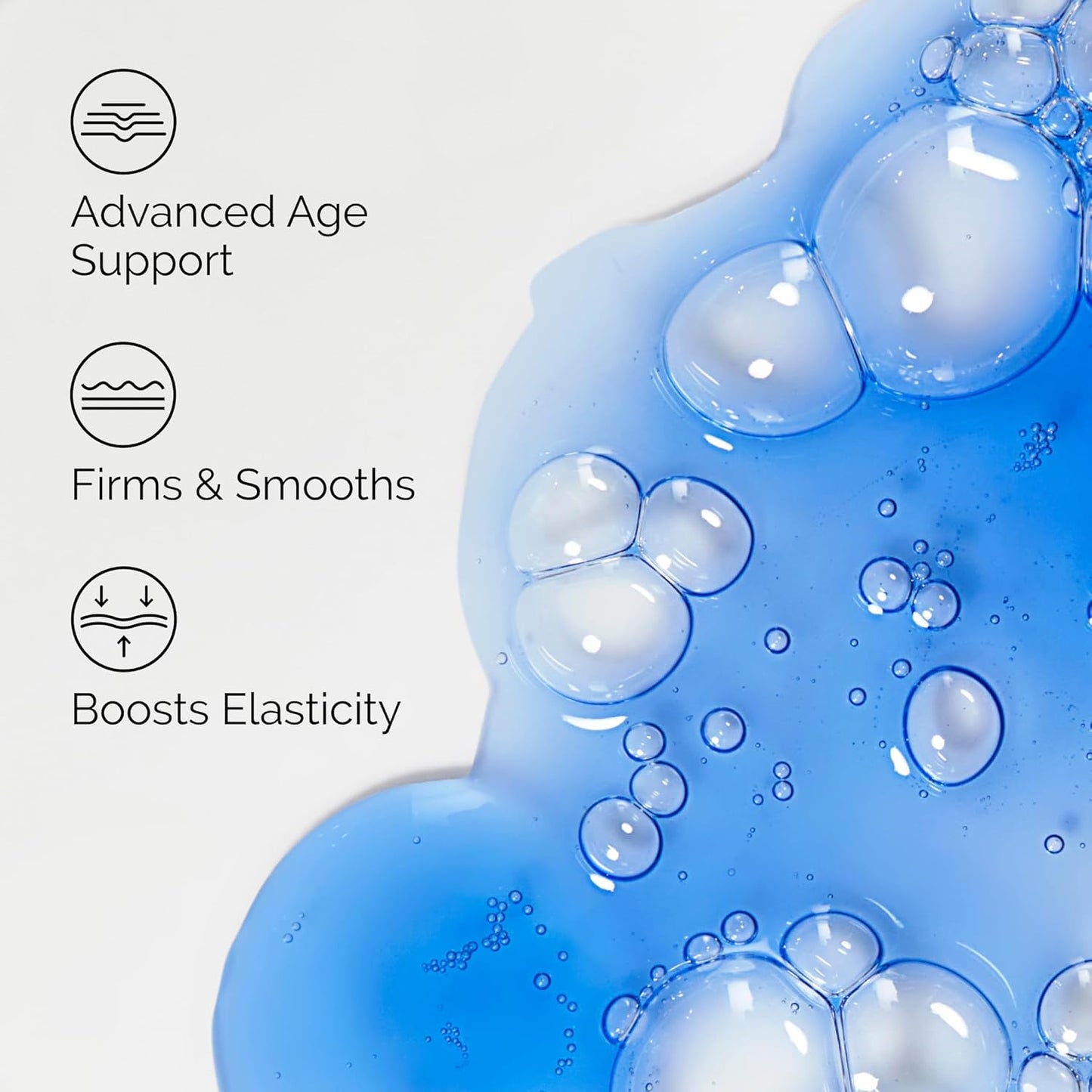 Blue gel with bubbles and text on advanced age support, firming, and smoothing benefits.