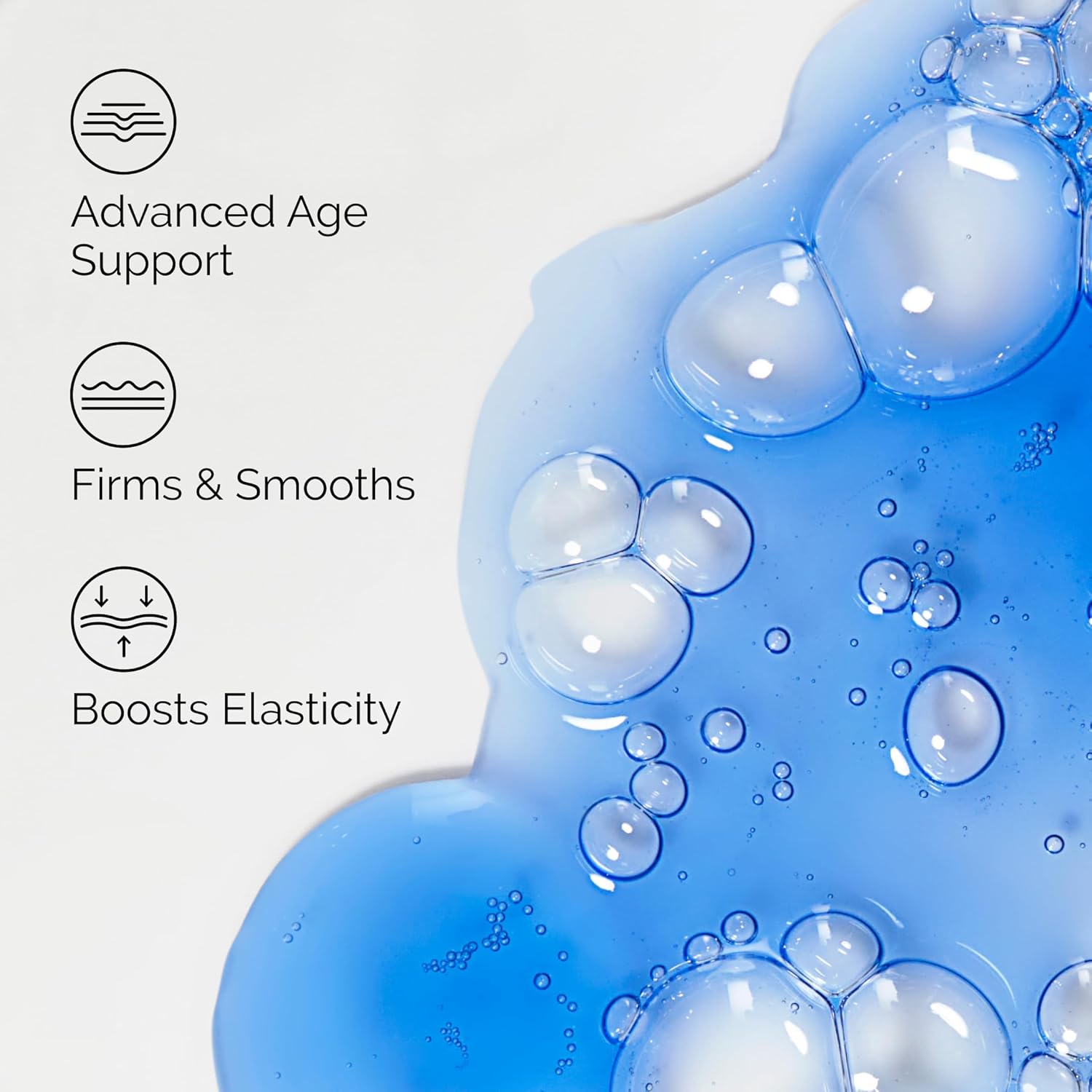 Blue gel with bubbles and text on advanced age support, firming, and smoothing benefits.