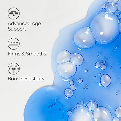 Blue gel with bubbles and text on advanced age support, firming, and smoothing benefits.
