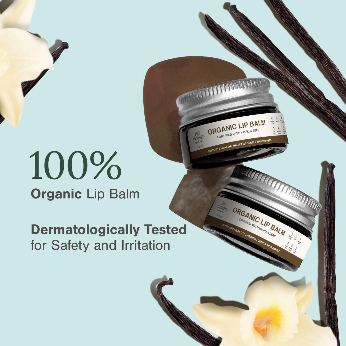 Juicy Chemistry Organic Lip Balm with Vanilla Bean, 5g | Deeply Moisturising & Nourishing Lip Care | Supports Healthy Lip Barrier | For Dry & Sensitive Lips | Dermatologically Tested | Cruelty Free & Veg