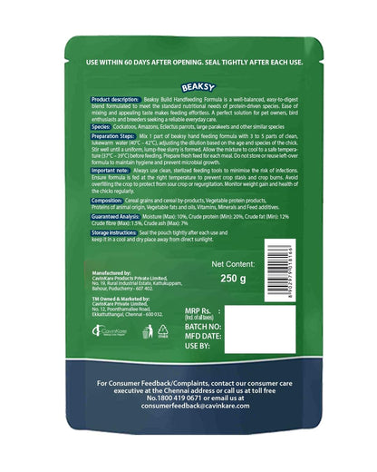 BEAKSY Build Hand Feeding Formula for Baby Birds | for Amazons & Cockatoos | Promotes Weight Gain, Vibrant Feathers & Easy Digestion | Balanced Nutrition (250gm)