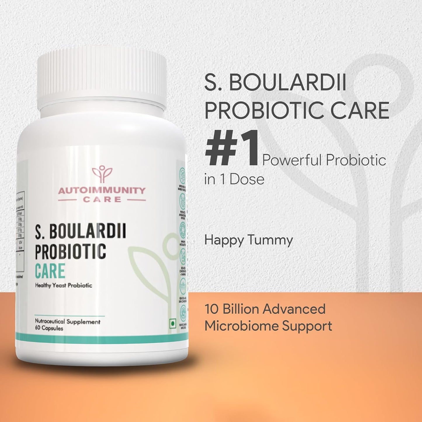 S. Boulardii Probiotic Care supplement bottle with branding and product details on a gradient background